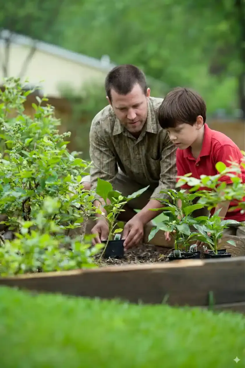 father and son in the garden